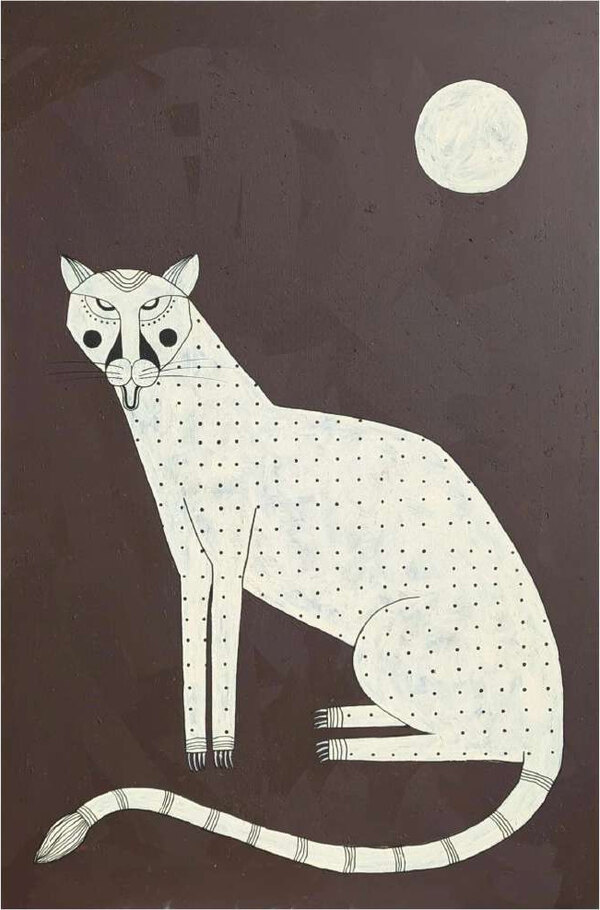 Ivory — a pale spotted cat sitting upright with a full moon behind, on a dark aubergine ground